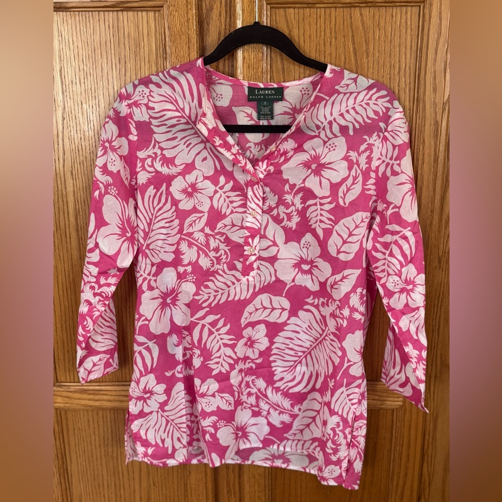 Lauren Ralph Lauren Pink Tropical Floral Blouse 3/4 Sleeve Size S